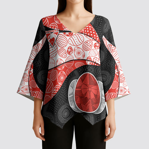 Personalized Sydney Football Kimono Sleeve Blouse Easter Egg Pattern Red White Tribal Dot Art Style