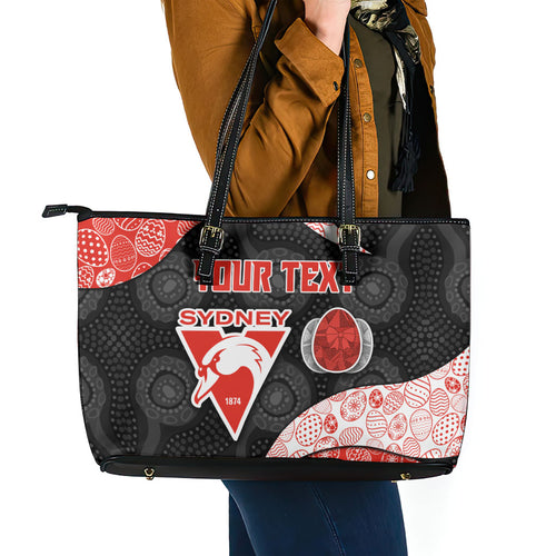 Personalized Sydney Football Leather Tote Bag Easter Egg Pattern Red White Tribal Dot Art Style