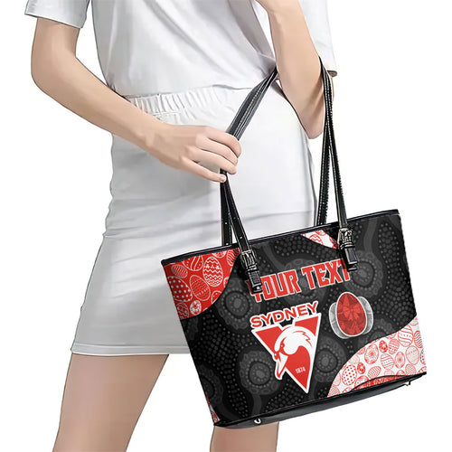 Personalized Sydney Football Leather Tote Bag Easter Egg Pattern Red White Tribal Dot Art Style