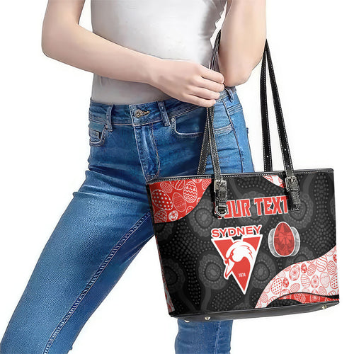 Personalized Sydney Football Leather Tote Bag Easter Egg Pattern Red White Tribal Dot Art Style