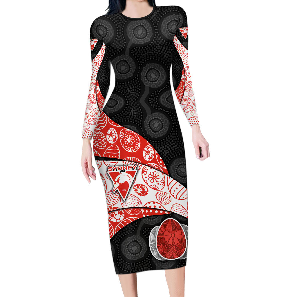 Personalized Sydney Football Long Sleeve Bodycon Dress Easter Egg Pattern Red White Tribal Dot Art Style
