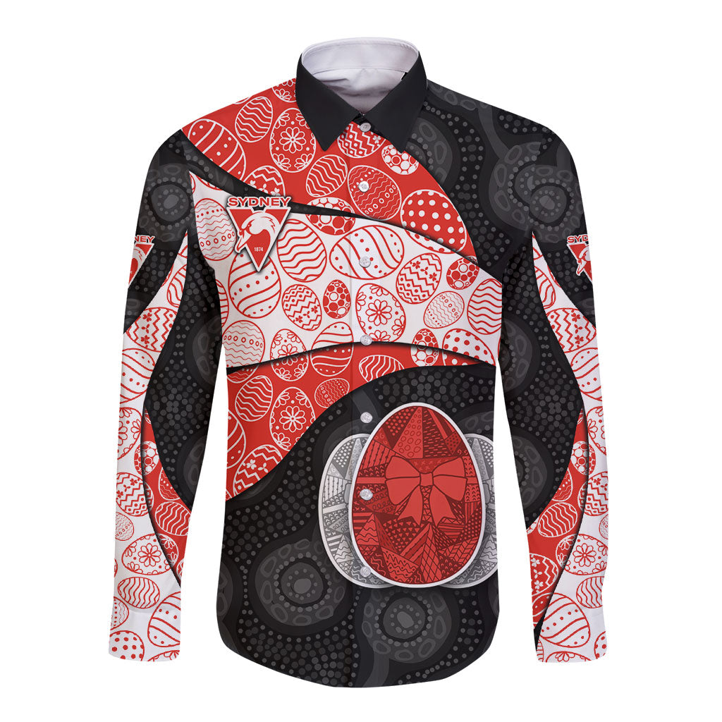 Personalized Sydney Football Long Sleeve Button Shirt Easter Egg Pattern Red White Tribal Dot Art Style