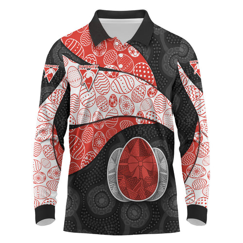 Personalized Sydney Football Long Sleeve Polo Shirt Easter Egg Pattern Red White Tribal Dot Art Style