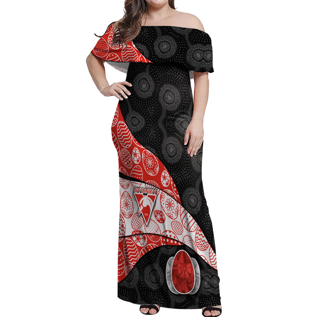 Personalized Sydney Football Off Shoulder Maxi Dress Easter Egg Pattern Red White Tribal Dot Art Style