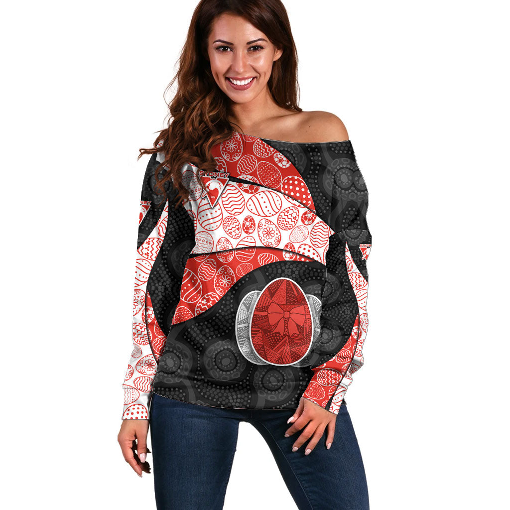 Personalized Sydney Football Off Shoulder Sweater Easter Egg Pattern Red White Tribal Dot Art Style