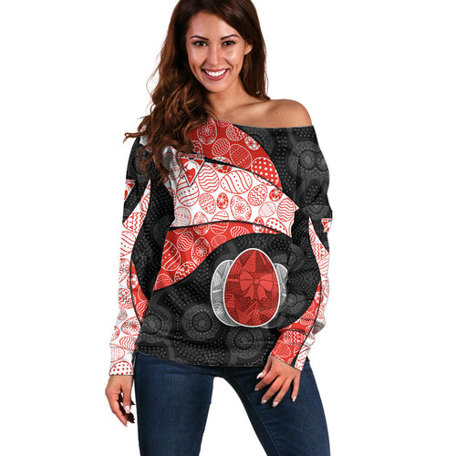 Personalized Sydney Football Off Shoulder Sweater Easter Egg Pattern Red White Tribal Dot Art Style
