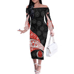 Personalized Sydney Football Off The Shoulder Long Sleeve Dress Easter Egg Pattern Red White Tribal Dot Art Style