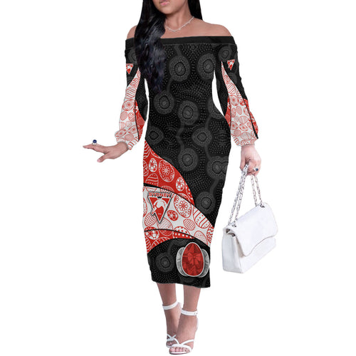 Personalized Sydney Football Off The Shoulder Long Sleeve Dress Easter Egg Pattern Red White Tribal Dot Art Style