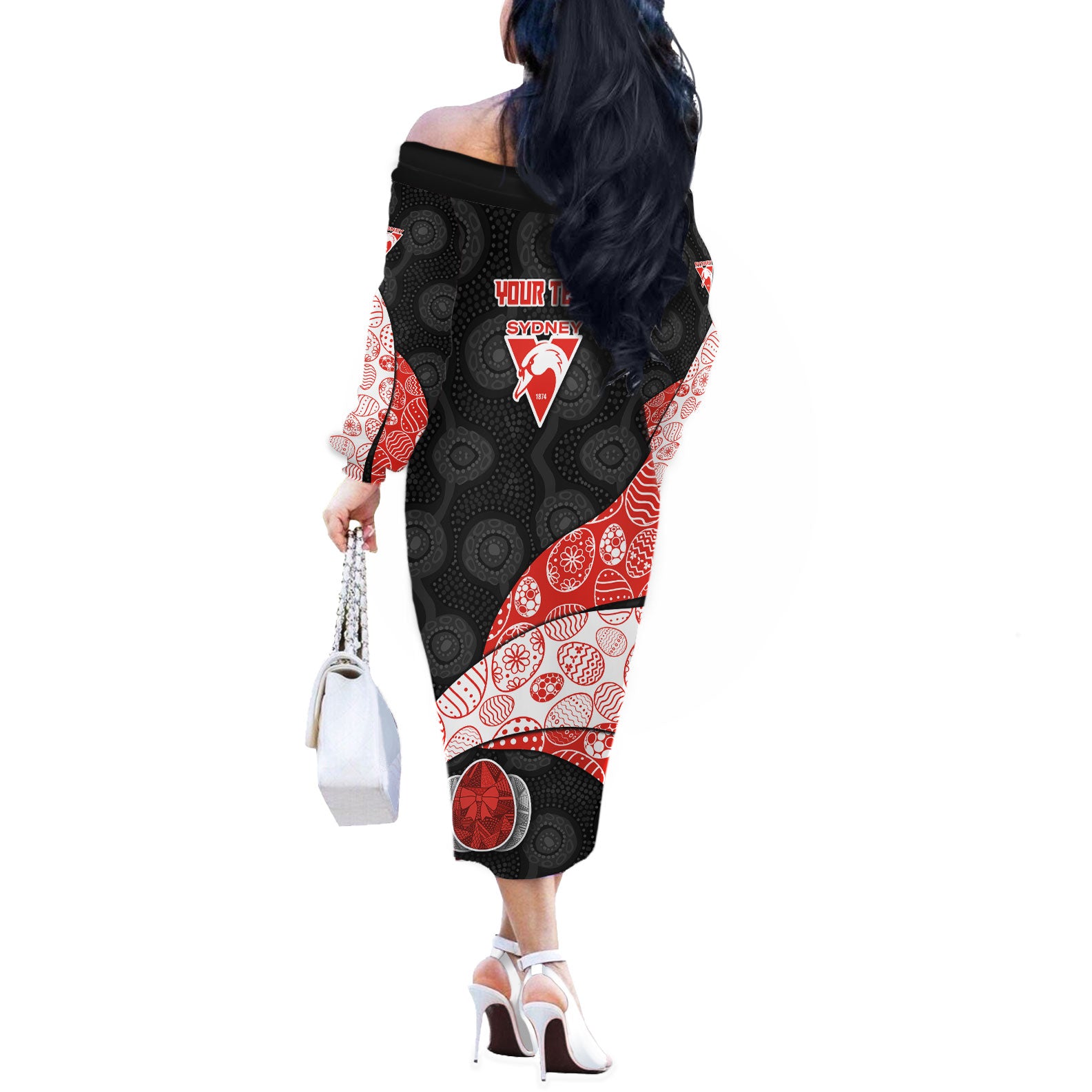 Personalized Sydney Football Off The Shoulder Long Sleeve Dress Easter Egg Pattern Red White Tribal Dot Art Style