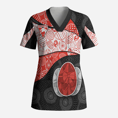 Personalized Sydney Football Scrub Top Easter Egg Pattern Red White Tribal Dot Art Style