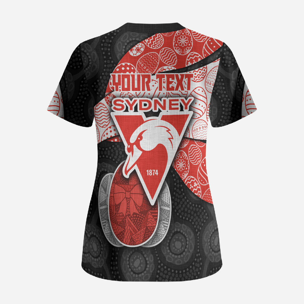 Personalized Sydney Football Scrub Top Easter Egg Pattern Red White Tribal Dot Art Style