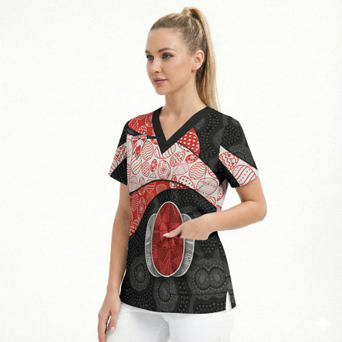 Personalized Sydney Football Scrub Top Easter Egg Pattern Red White Tribal Dot Art Style