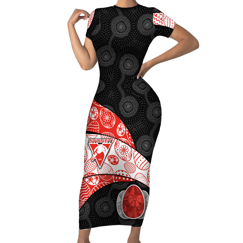 Personalized Sydney Football Short Sleeve Bodycon Dress Easter Egg Pattern Red White Tribal Dot Art Style