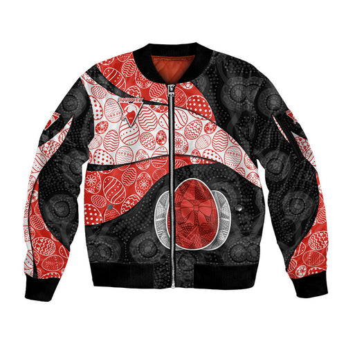 Personalized Sydney Football Sleeve Zip Bomber Jacket Easter Egg Pattern Red White Tribal Dot Art Style