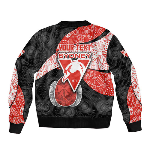 Personalized Sydney Football Sleeve Zip Bomber Jacket Easter Egg Pattern Red White Tribal Dot Art Style