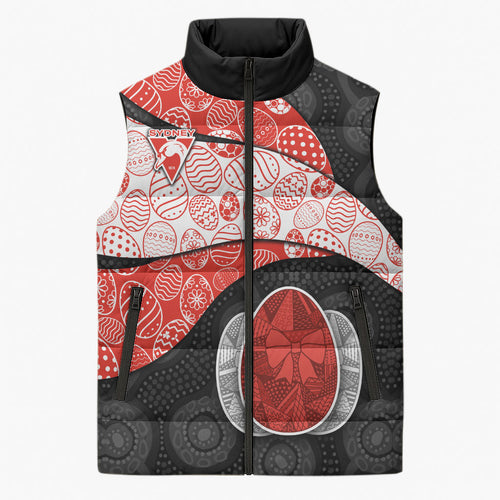 Personalized Sydney Football Sleeveless Puffer Jacket Easter Egg Pattern Red White Tribal Dot Art Style