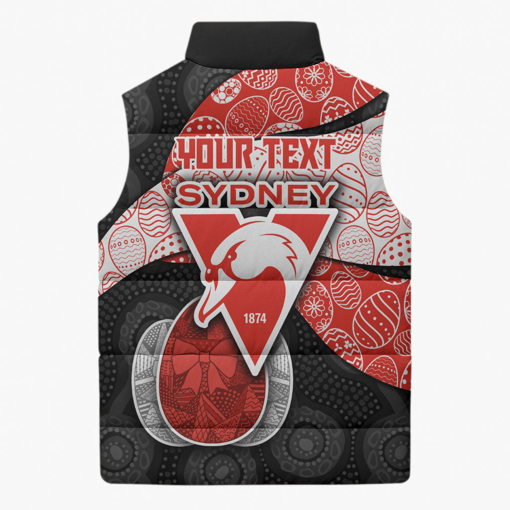 Personalized Sydney Football Sleeveless Puffer Jacket Easter Egg Pattern Red White Tribal Dot Art Style