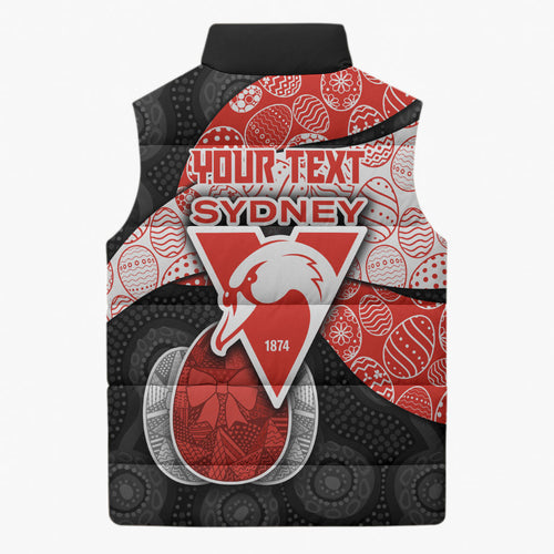 Personalized Sydney Football Sleeveless Puffer Jacket Easter Egg Pattern Red White Tribal Dot Art Style