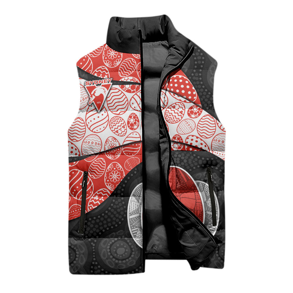 Personalized Sydney Football Sleeveless Puffer Jacket Easter Egg Pattern Red White Tribal Dot Art Style