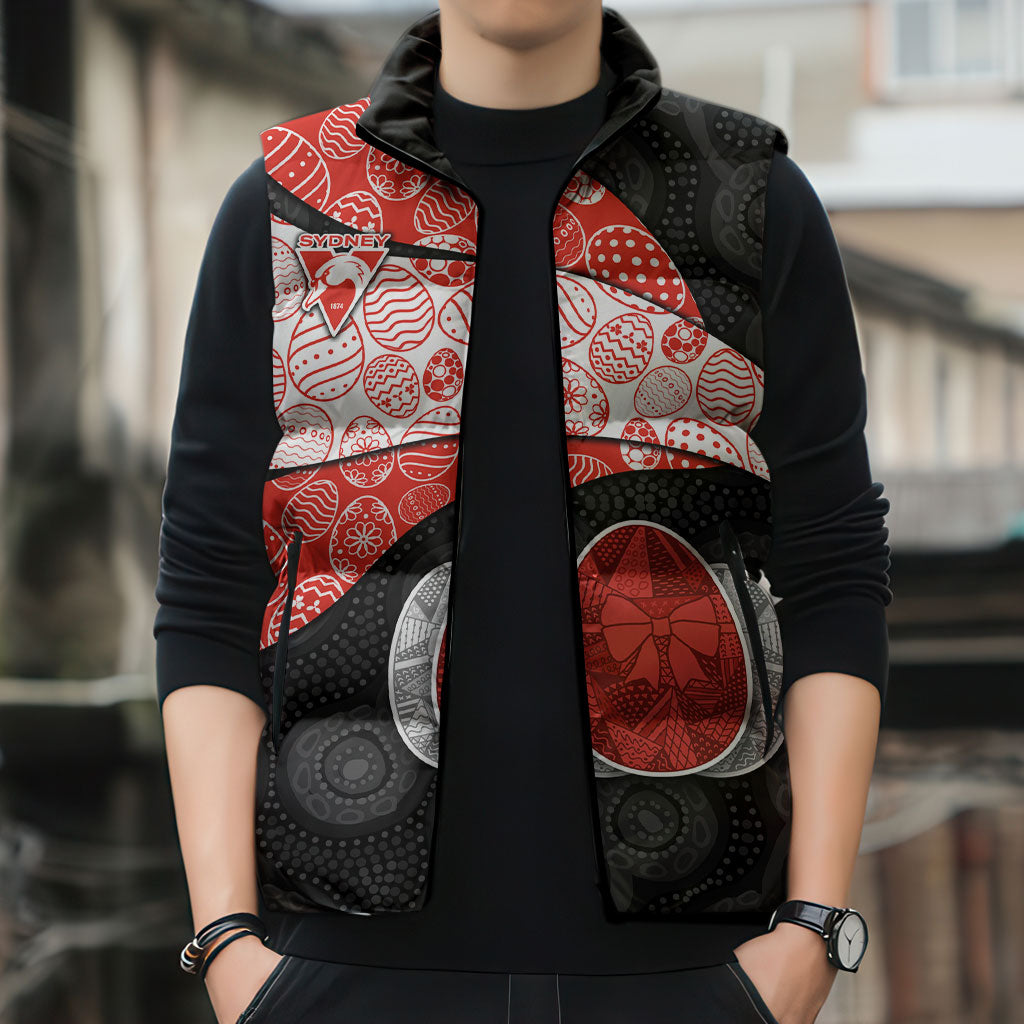 Personalized Sydney Football Sleeveless Puffer Jacket Easter Egg Pattern Red White Tribal Dot Art Style