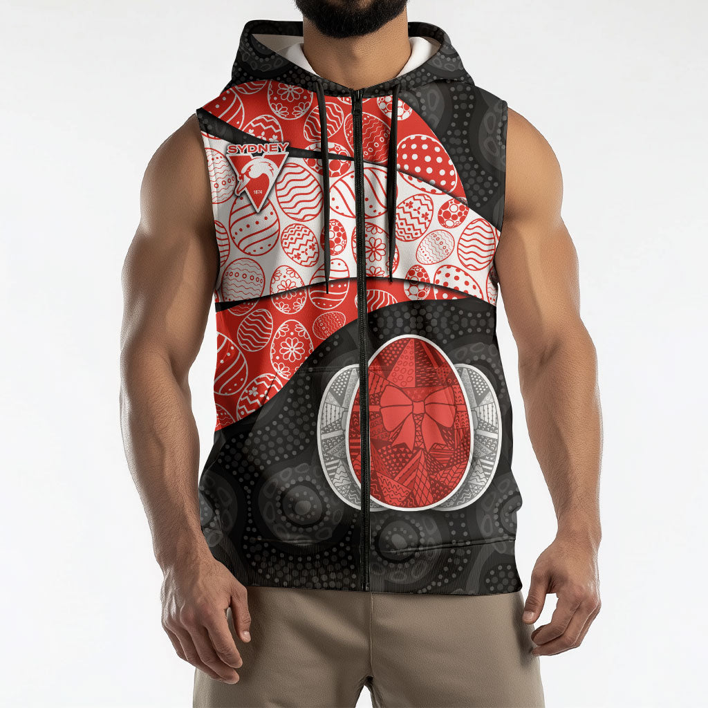 Personalized Sydney Football Sleeveless Zip Hoodie Easter Egg Pattern Red White Tribal Dot Art Style