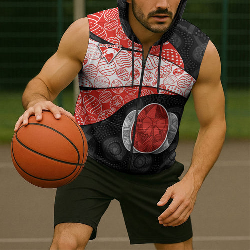 Personalized Sydney Football Sleeveless Zip Hoodie Easter Egg Pattern Red White Tribal Dot Art Style