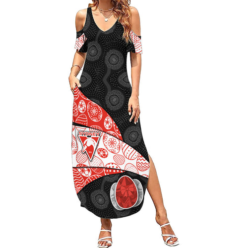 Personalized Sydney Football Summer Maxi Dress Easter Egg Pattern Red White Tribal Dot Art Style