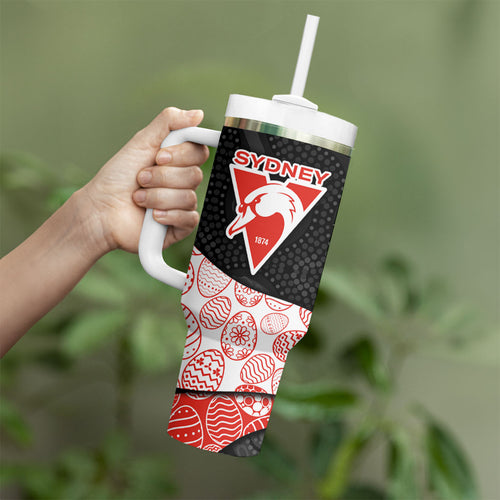 Personalized Sydney Football Tumbler With Handle Easter Egg Pattern Red White Tribal Dot Art Style