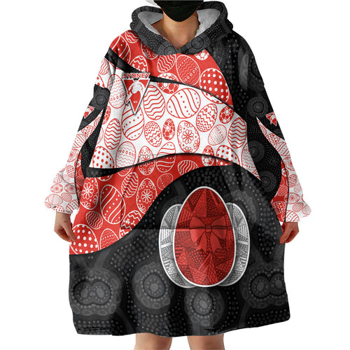 Personalized Sydney Football Wearable Blanket Hoodie Easter Egg Pattern Red White Tribal Dot Art Style