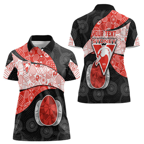 Personalized Sydney Football Women Polo Shirt Easter Egg Pattern Red White Tribal Dot Art Style
