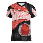 Personalized Sydney Football Women V-Neck T-Shirt Easter Egg Pattern Red White Tribal Dot Art Style