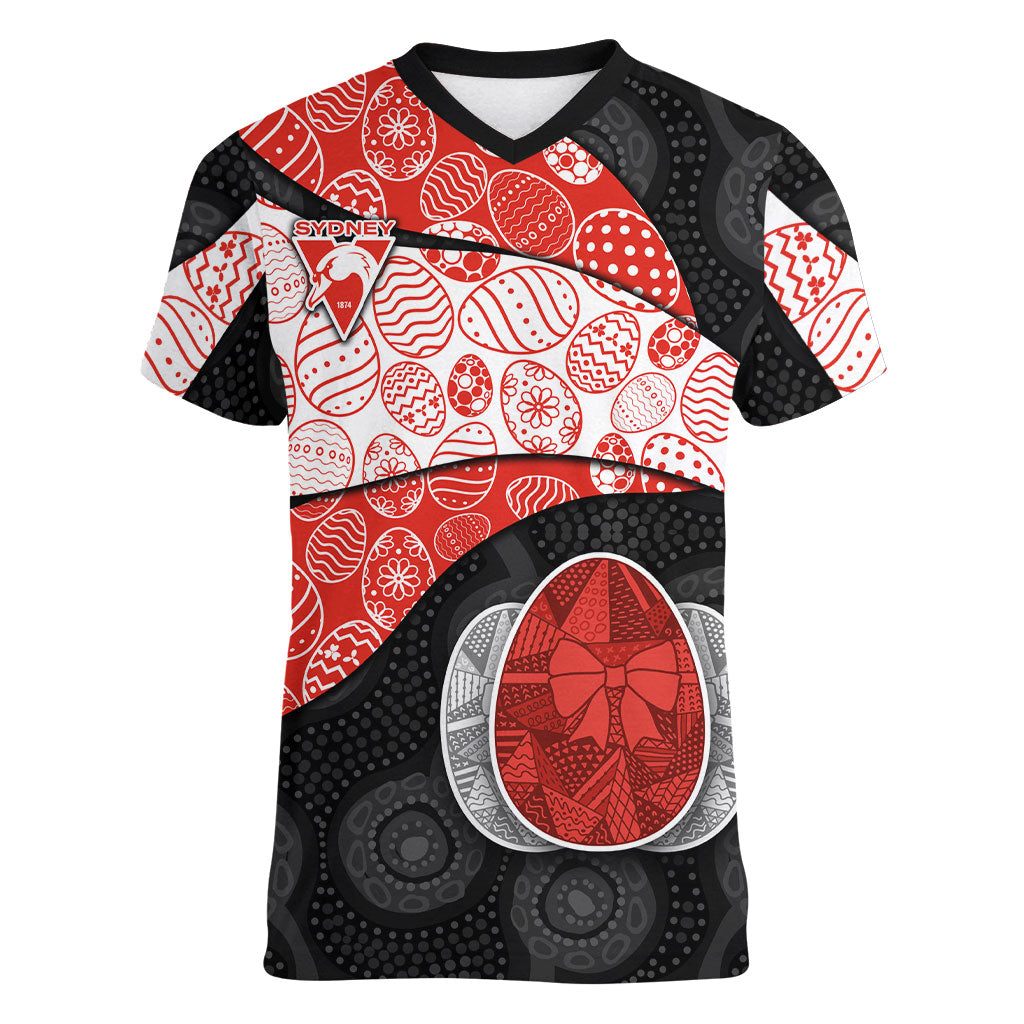 Personalized Sydney Football Women V-Neck T-Shirt Easter Egg Pattern Red White Tribal Dot Art Style