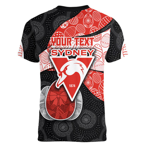 Personalized Sydney Football Women V-Neck T-Shirt Easter Egg Pattern Red White Tribal Dot Art Style