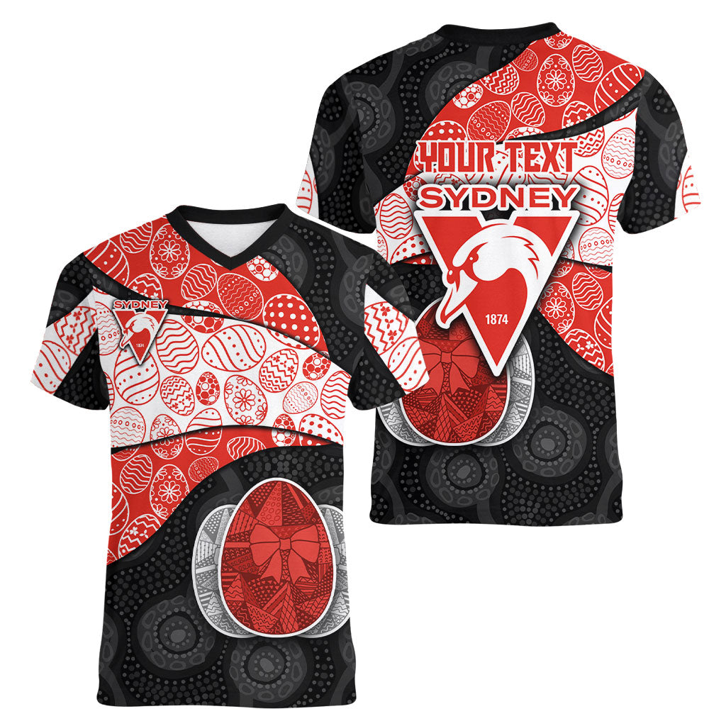 Personalized Sydney Football Women V-Neck T-Shirt Easter Egg Pattern Red White Tribal Dot Art Style