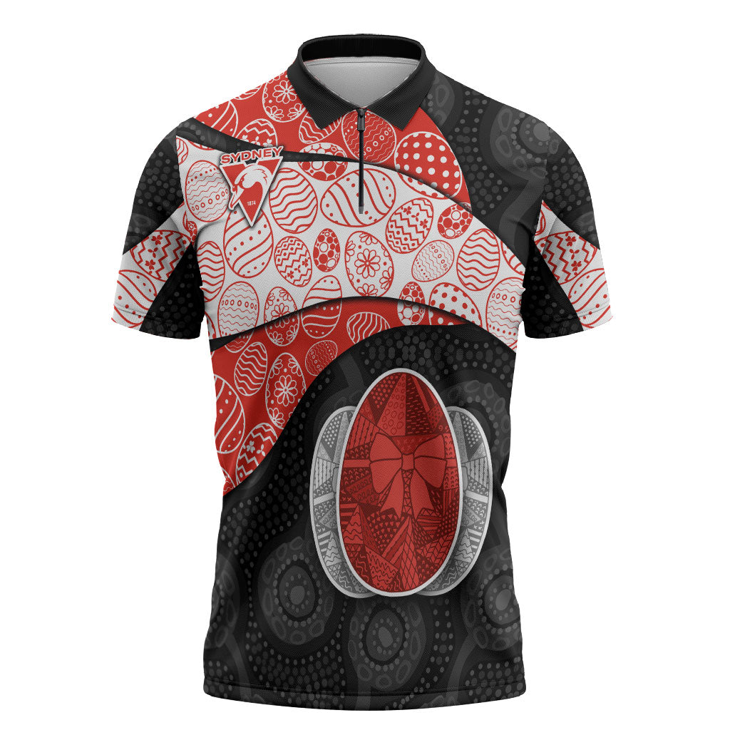 Personalized Sydney Football Zipper Polo Shirt Easter Egg Pattern Red White Tribal Dot Art Style