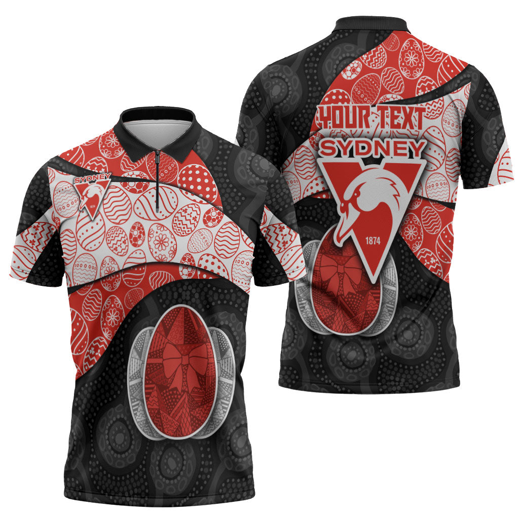 Personalized Sydney Football Zipper Polo Shirt Easter Egg Pattern Red White Tribal Dot Art Style
