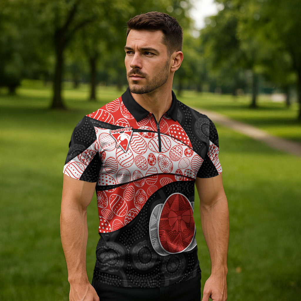 Personalized Sydney Football Zipper Polo Shirt Easter Egg Pattern Red White Tribal Dot Art Style
