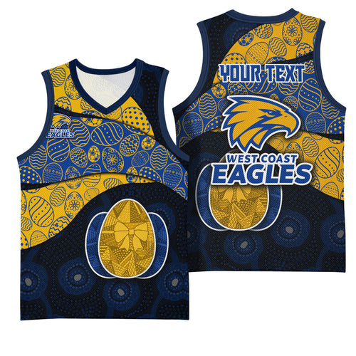 Personalized West Coast Eagles Football Basketball Jersey Easter Egg Pattern Blue Gold Tribal Dot Art Style