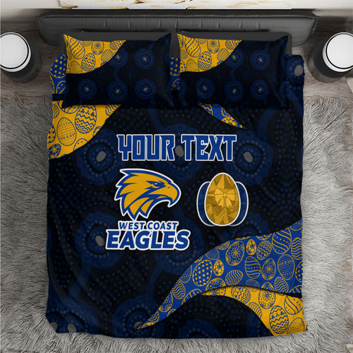 Personalized West Coast Eagles Football Bedding Set Easter Egg Pattern Blue Gold Tribal Dot Art Style