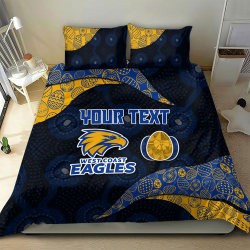 Personalized West Coast Eagles Football Bedding Set Easter Egg Pattern Blue Gold Tribal Dot Art Style