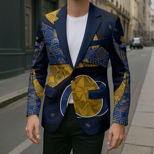 Personalized West Coast Eagles Football Blazer Easter Egg Pattern Blue Gold Tribal Dot Art Style
