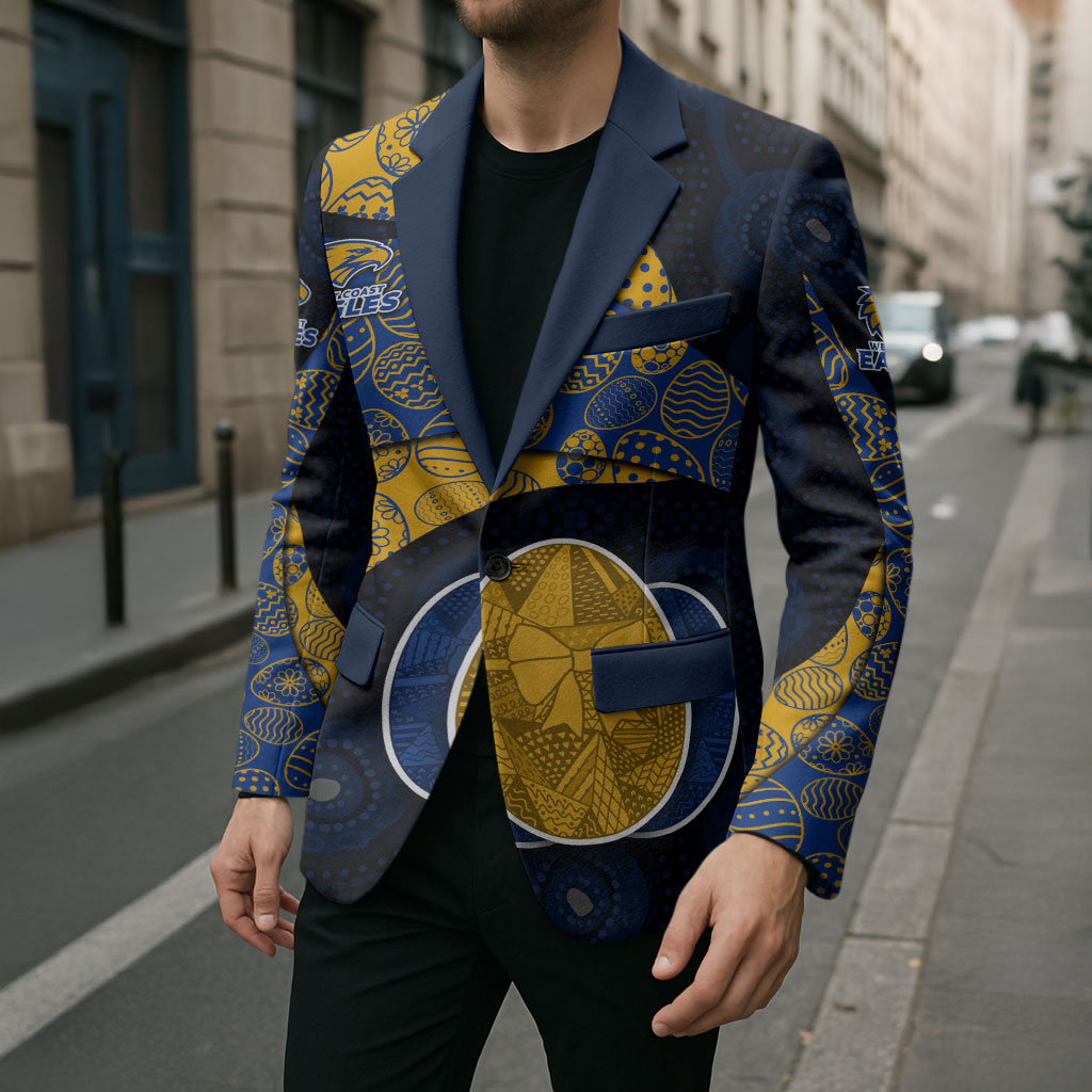 Personalized West Coast Eagles Football Blazer Easter Egg Pattern Blue Gold Tribal Dot Art Style