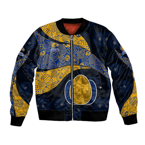 Personalized West Coast Eagles Football Bomber Jacket Easter Egg Pattern Blue Gold Tribal Dot Art Style