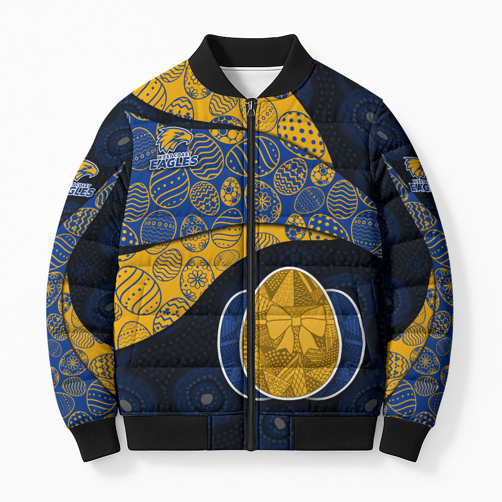 Personalized West Coast Eagles Football Bomber Puffer Jacket Easter Egg Pattern Blue Gold Tribal Dot Art Style