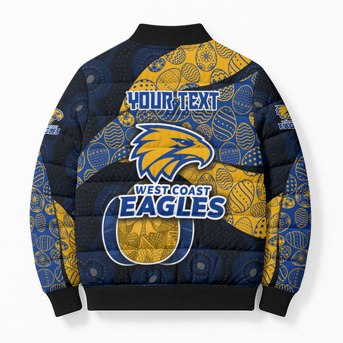 Personalized West Coast Eagles Football Bomber Puffer Jacket Easter Egg Pattern Blue Gold Tribal Dot Art Style