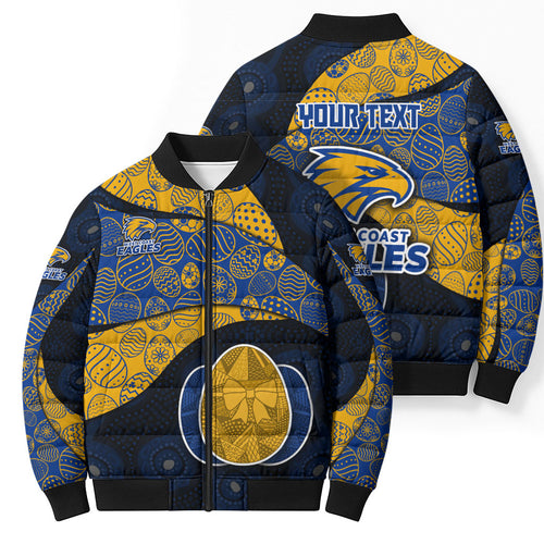 Personalized West Coast Eagles Football Bomber Puffer Jacket Easter Egg Pattern Blue Gold Tribal Dot Art Style