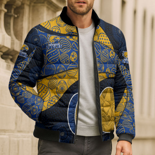 Personalized West Coast Eagles Football Bomber Puffer Jacket Easter Egg Pattern Blue Gold Tribal Dot Art Style