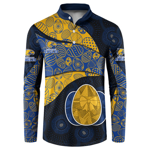 Personalized West Coast Eagles Football Button Sweatshirt Easter Egg Pattern Blue Gold Tribal Dot Art Style