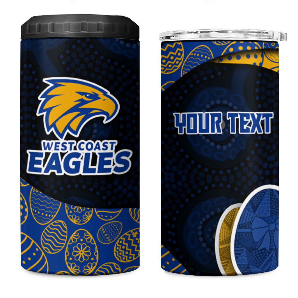 Personalized West Coast Eagles Football 4 in 1 Can Cooler Tumbler Easter Egg Pattern Blue Gold Tribal Dot Art Style