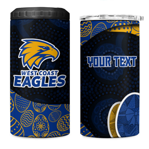 Personalized West Coast Eagles Football 4 in 1 Can Cooler Tumbler Easter Egg Pattern Blue Gold Tribal Dot Art Style